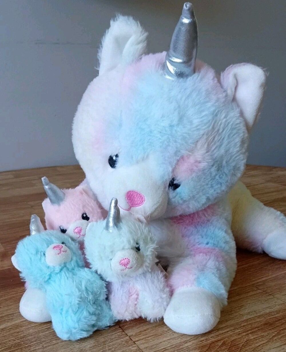 Snug A Babies Unicorn Cat Plush Storage Toy w/ 3 Babies Pastel Kitty Stuffie